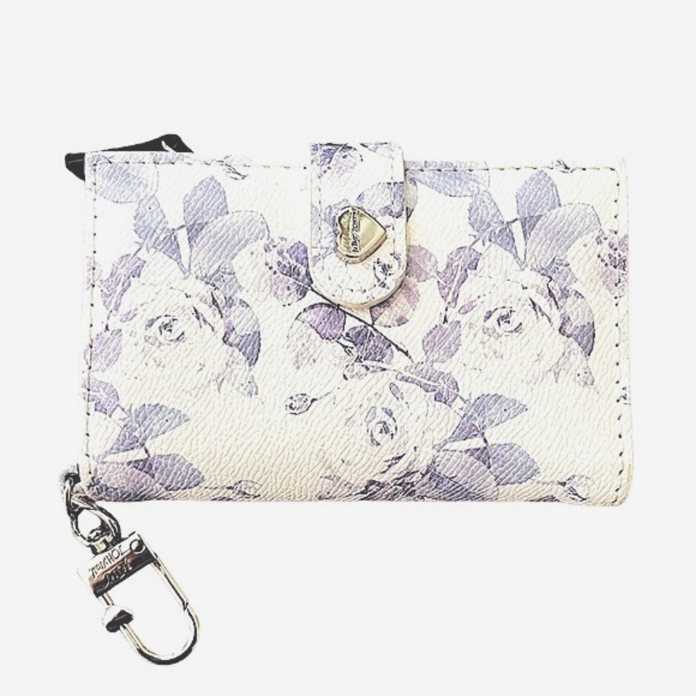 NWOT BETSEY JOHNSON PURPLE WHITE  FLORAL CARD CASE WALLET SILVER COIN KEY HOLDER